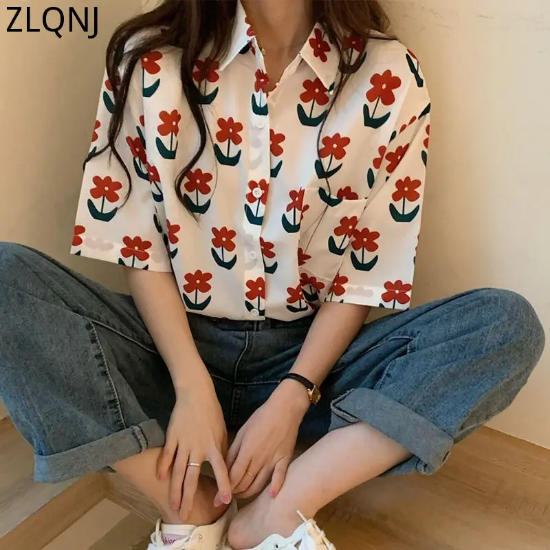 

Oversized Vintage Blouses Tops Summer Street Fashion Flower Print Short Sleeve Casual White Shirt Women Harajuku Hawaiian Shirts