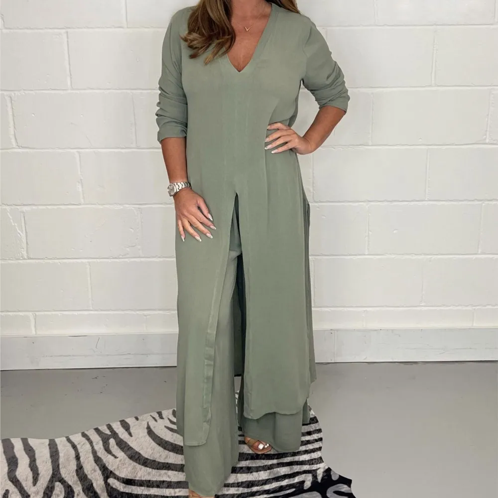 New Women\'s Solid Color Slit Long Coat Suit Spring Autumn Retro Casual Relaxed Simple Elegant Female Office Pants Two Piece Set