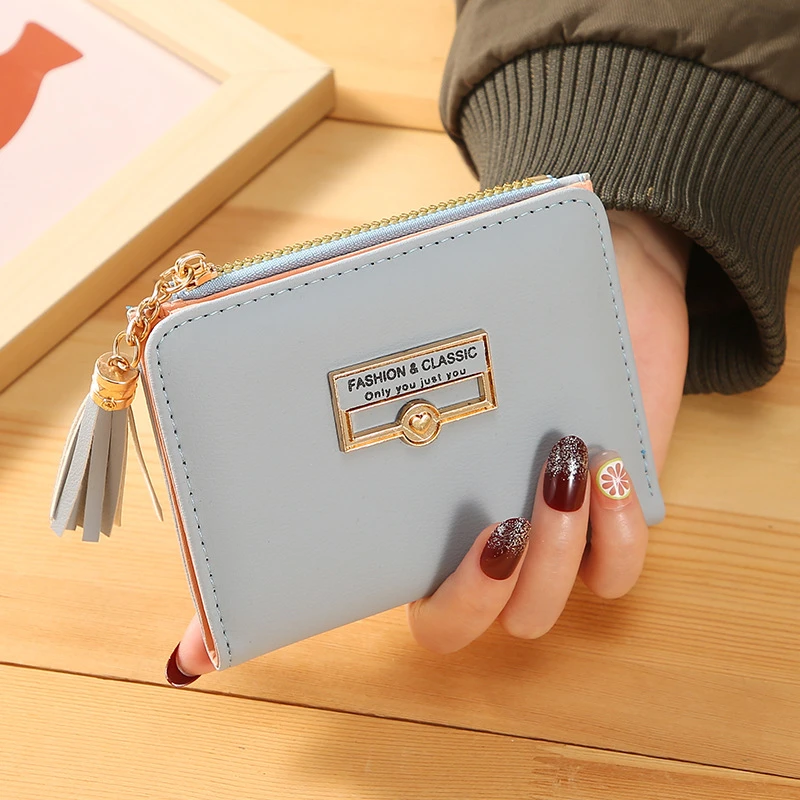

New Women's Short Wallets PU Leather Money Clip Female Tassel Pendant Coin Purse Fresh Card Holder Zipper Hasp Clutch Bag
