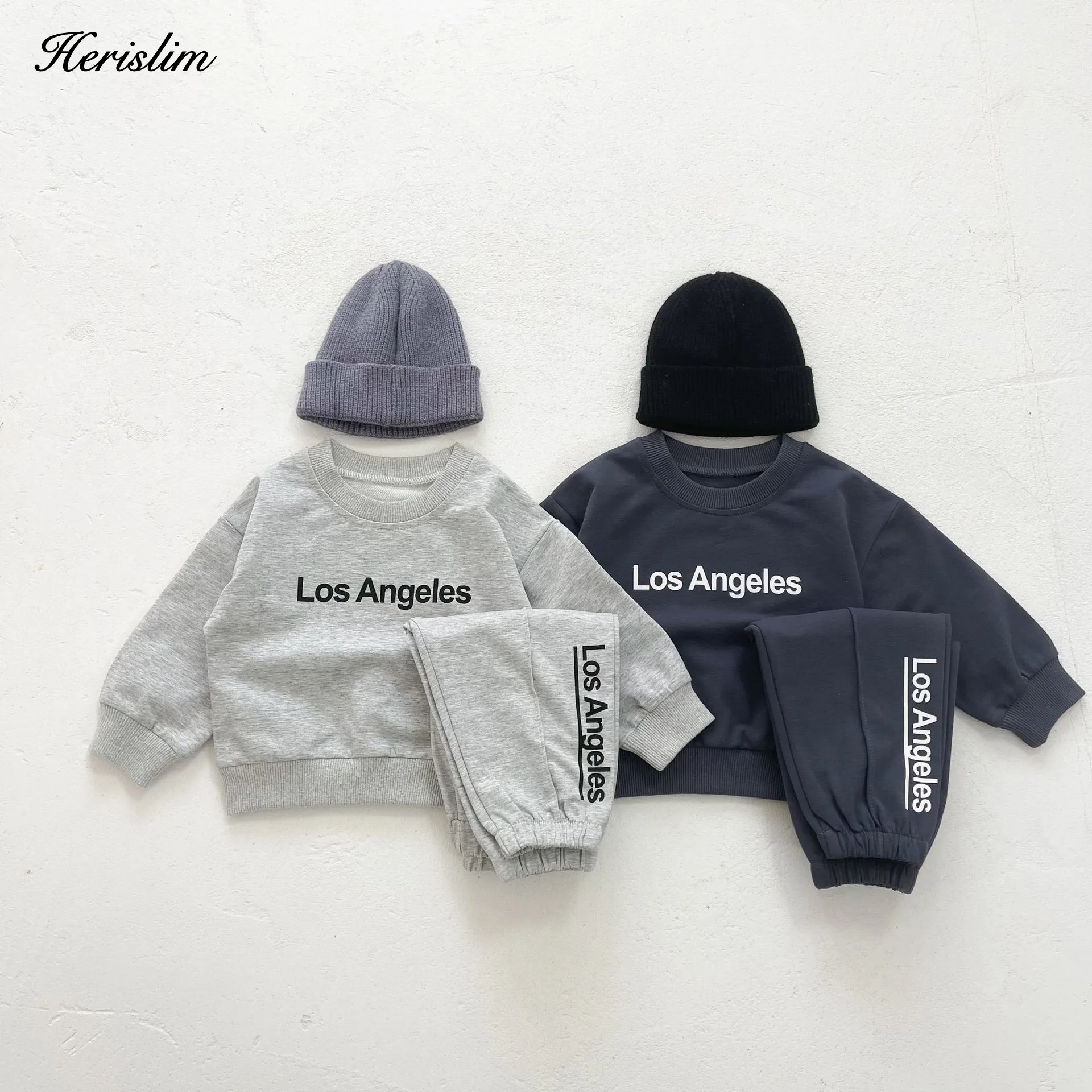 Spring Baby Kids Cotton Sweater Suit Long Sleeve Solid Color Letters Sports Hoodie Pants 2Pcs Set Toddler Boys Girls