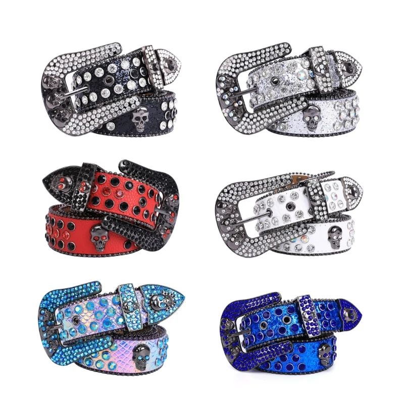 

Scary Head Skull Buckle Waist Belt Shinning Buckle Belts for Women Men Luxury Waist Strap for Jeans Dress 10CF