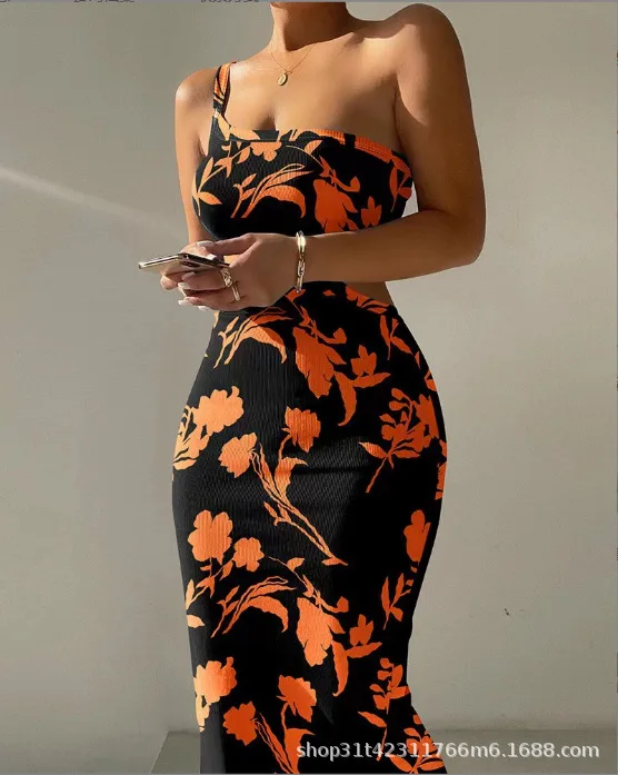 Vestidos estampados de un solo hombro con tirantes finos para mujer, vestidos sexis con abertura en la espalda, paquete de cadera, vestido ajustado, moda para dama, vestidos modernos para mujer