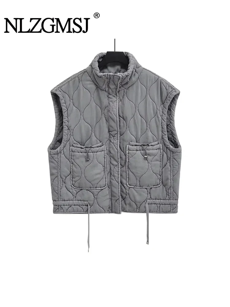 Nlzgmsj 2024 Autumn Winter Women Pocket Cotton Jacket Vest Sleeveless Stand Neck Zipper Waistcoat Loose Female Streetwear 5
