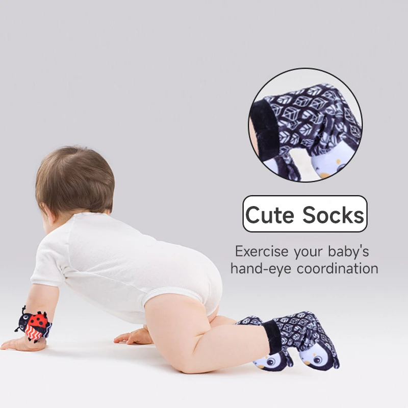 0-12 Months Newborn Cartoon Plush Socks Wrist Strap Rattles Toys Early Educational Sensory Make Sounds Games Toys Four-piece Set