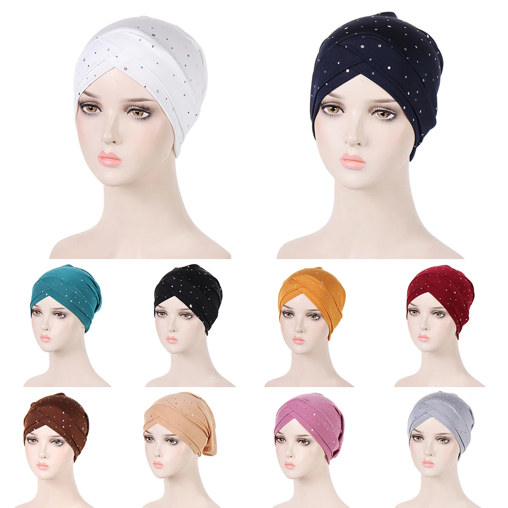 

1pcs Ladies Hat Turban Hat Solid Color Head Wrap Bonnet Women Elastic Forehead Cross Turban Hat Windproof Headgear Fashion Caps