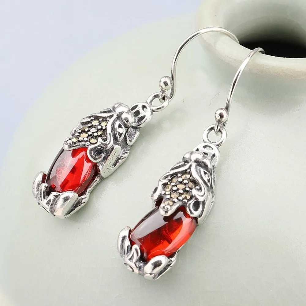 

Real Pure S925 Sterling Silver Dangle Women Bless Lucky Red Garnet Pixiu Earrings