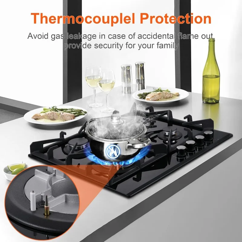 Gas Stove Top 24 inch Eascookchef,24 inch Gas Cooktop 4Burner,Gas Stove Top NG/LPG Convertible,Black Tempered Glass Dual Burners 4