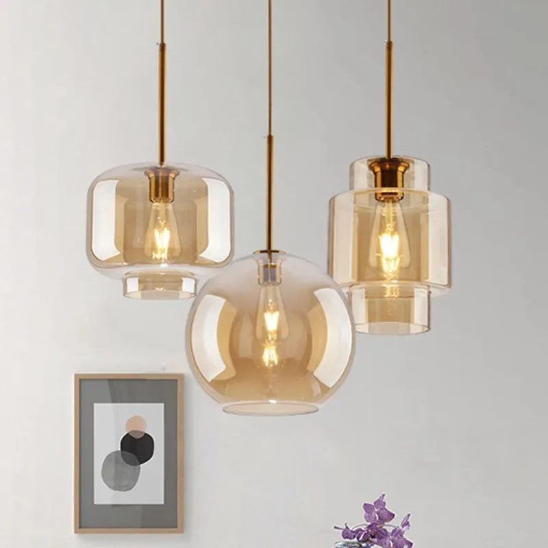 Nordic Glass Pendant Light LED Minimalist Round Amber Living Room Decor ...