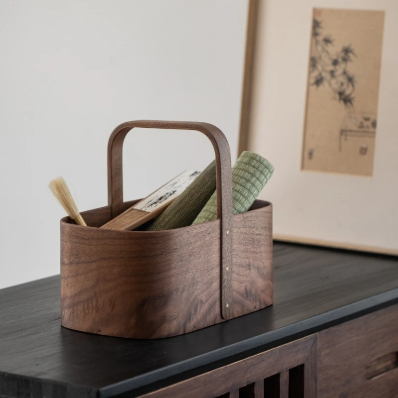 Curved Wood Solid Wood  Storage Box Desktop End Table Hallway Sundries  Outdoor Portable Tea Set Storage Basket 5