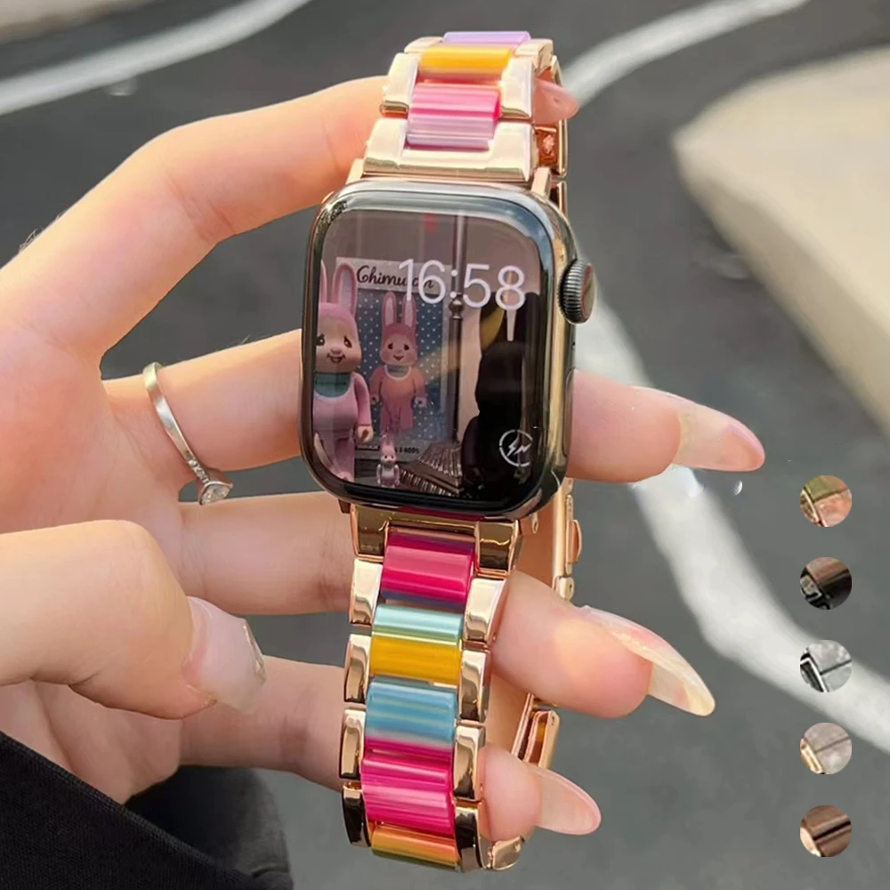 Metal Resin Bracelet For Apple Watch 38mm 40mm 42 44mm 41 45mm Luxury  Stainless Steel Wrist Strap For iWatch Series 7 6 SE 5 4 3