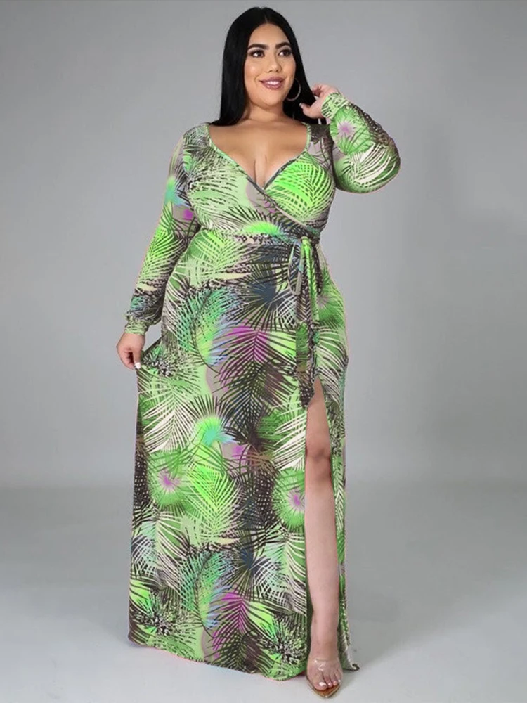 

ZJFZML ZZ Plus Size Floor Length Dresses Women's Costumes Vintage Deep V Neck Long Sleeve Side High Split Holiday Vacation Robe