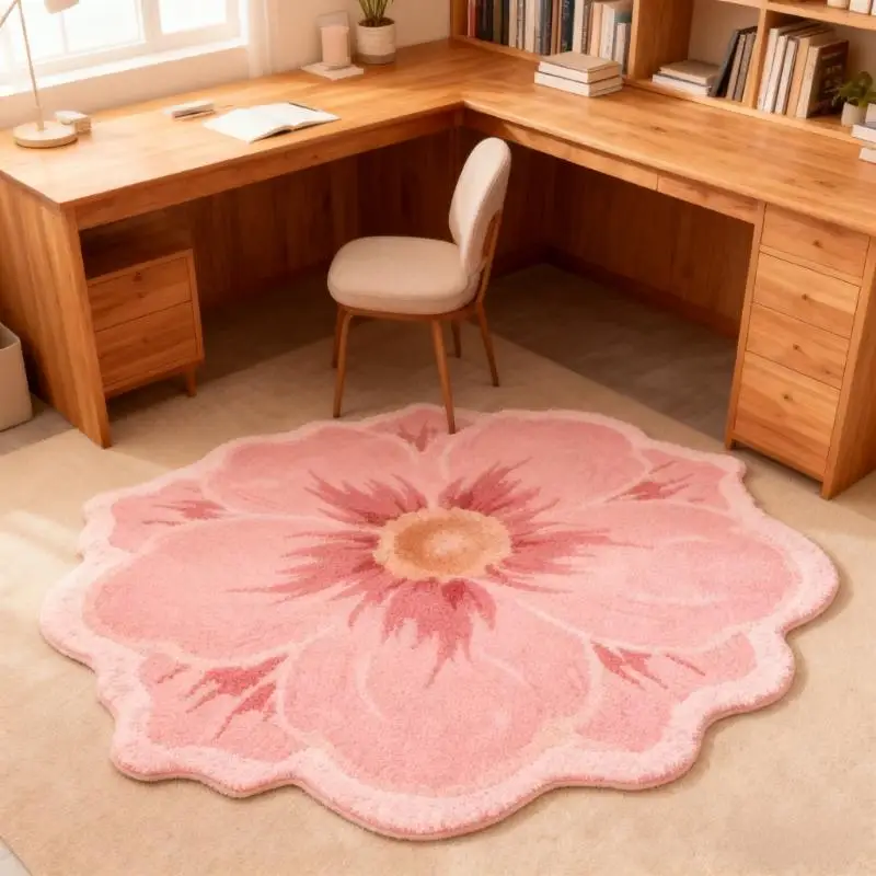 VIKAMA Rosa Kamelien-Plüschteppich Weicher Sofa-Teppich Wohnzimmer Bettvorleger Dekorativer Teppich Flauschiger Teppich zur Raumgestaltung – Detail 2