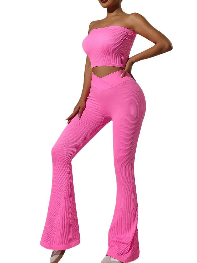 

Спортивный короткий топ и расклешенные брюки, комплект из 2 предметов, Женский костюм с леггинсами, уличный спортивный костюм, комплект для тренировок в тренажерном зале