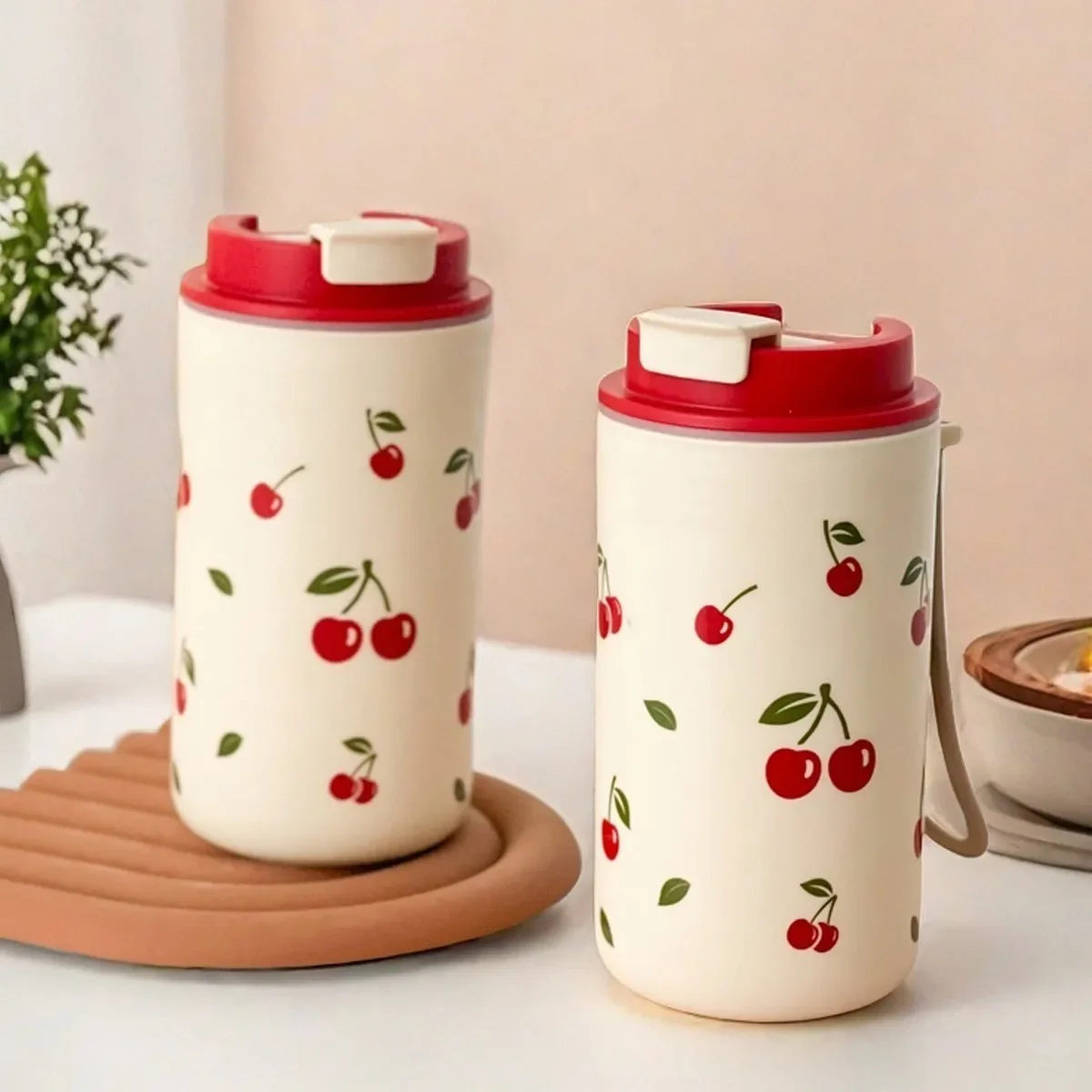 Cherry Pattern Reusable Water Bottle with Rope Handle - 350/400ml Capacity