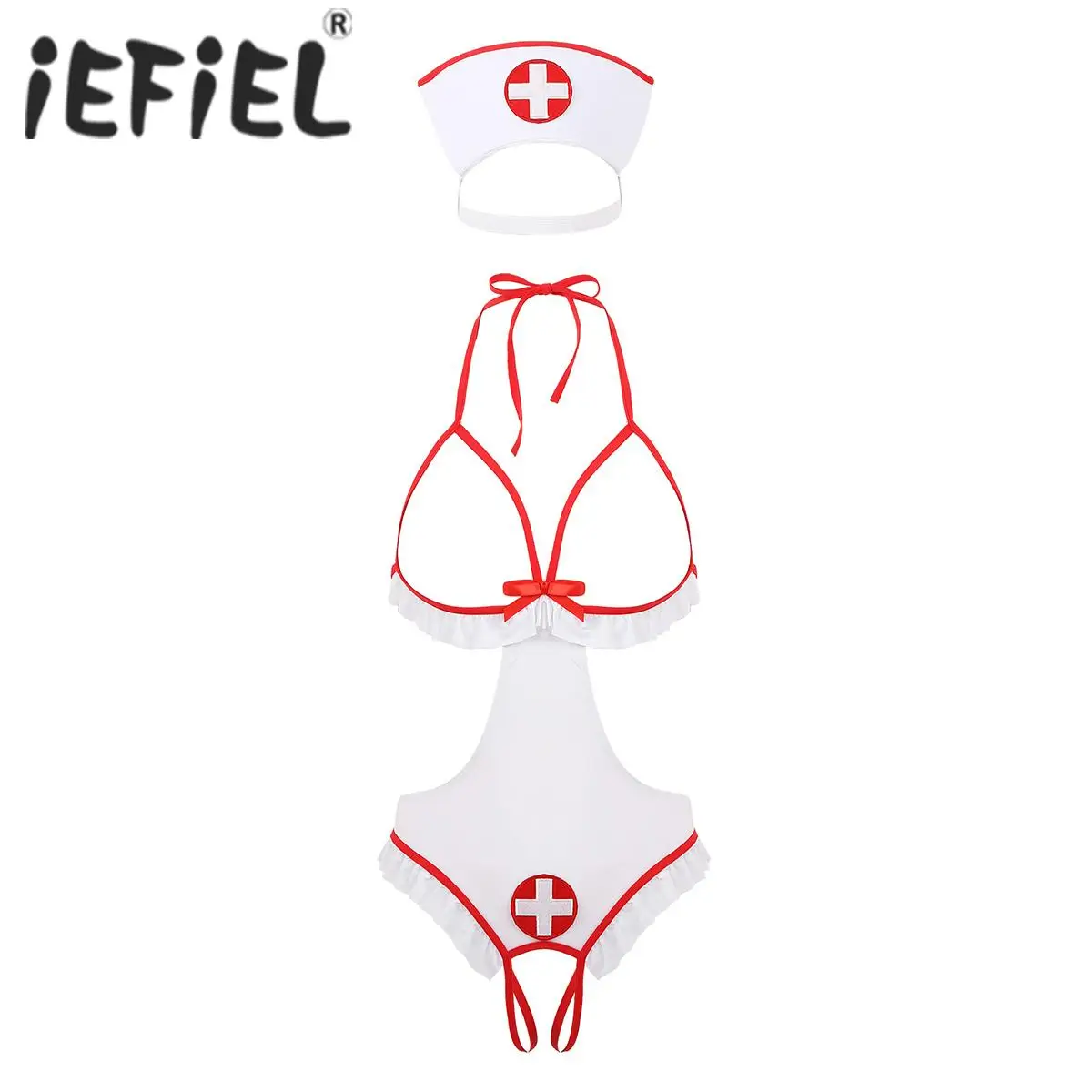Womens Fantasy Sexy Nurse Cosplay Roleplay Lingerie Set Halter Neck Open Cups Crotchless Tie-on Leotard Bodysuit with Headband women lingerie women lingerie set women cosplay costume