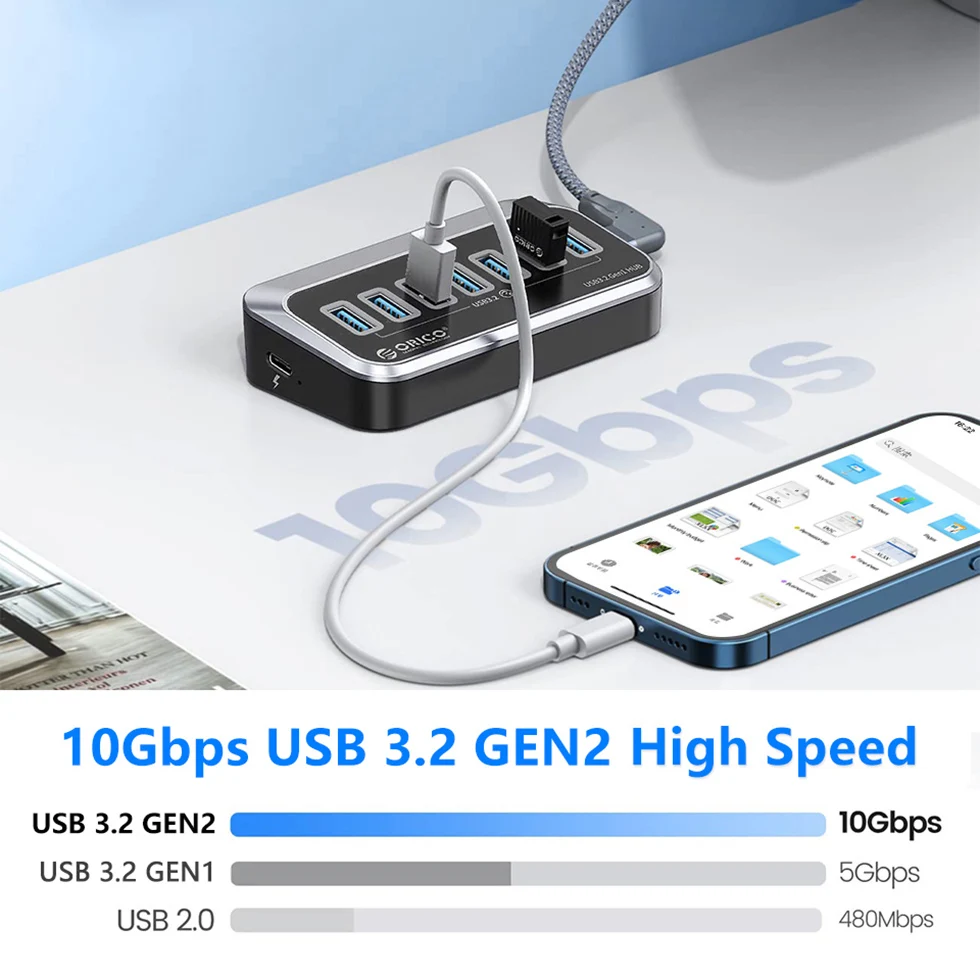 Orico Usb a 3.2 Hub tipo c Divisor 10gbps Switch Docking Station Multi Usb3 Portas Plug 3.0 Soquete para Superfície Macbook Computador Portátil - Imagem 4