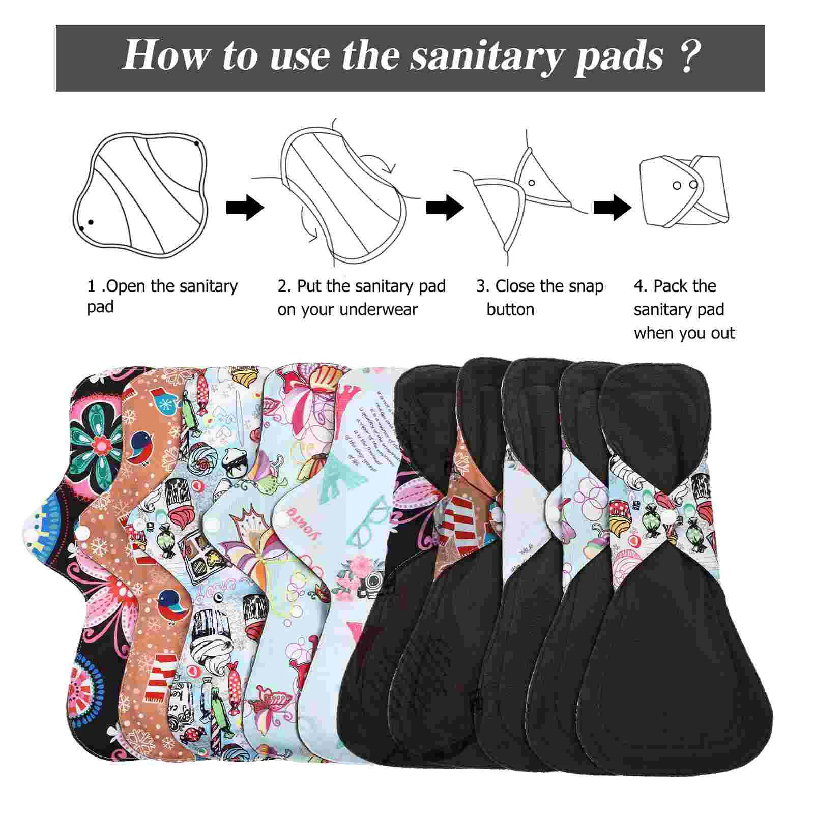 

6 Pcs Washable Sanitary Napkin Napkins Menstrual Pads Reusable Towels Panty Liners Bamboo Charcoal