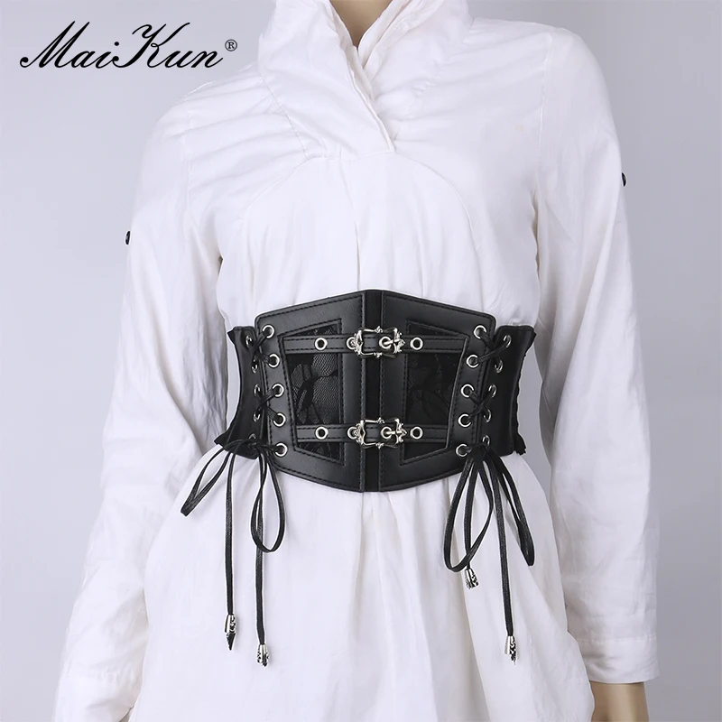 

Maikun Vintage Lace Straps Faux Leather Belt Women's Fashion Elasticated Oversized Wide Waistband