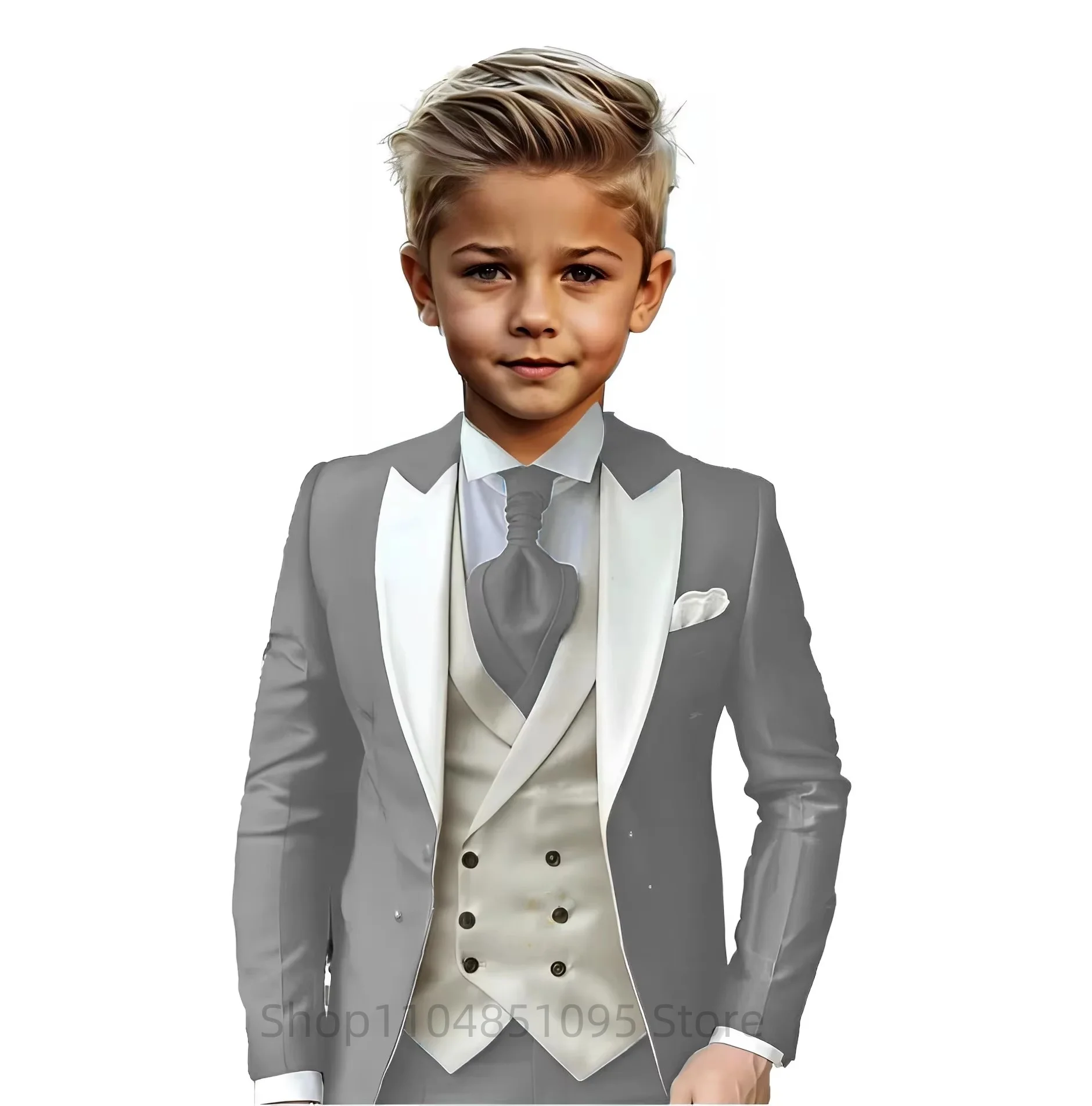 Beige Slim Fit Boy Suits High Quality Single Breasted Blazer 3 Piece Set with Jacket Pants Vest for Kids Elegant Prom Outfit