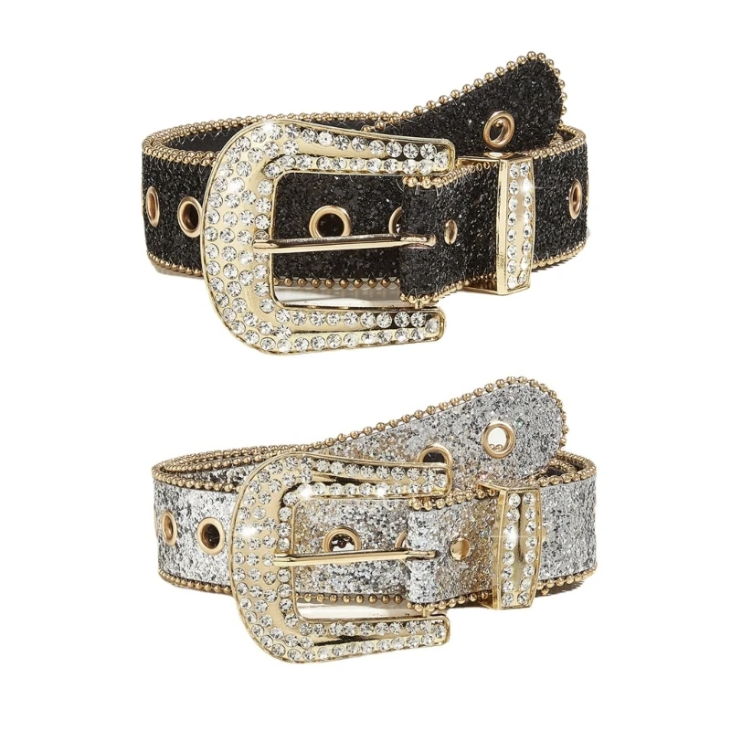 

Western Shinning Buckle Belt Full Sequins Adjustable Buckle Belt for Skirt Jeans Dropship