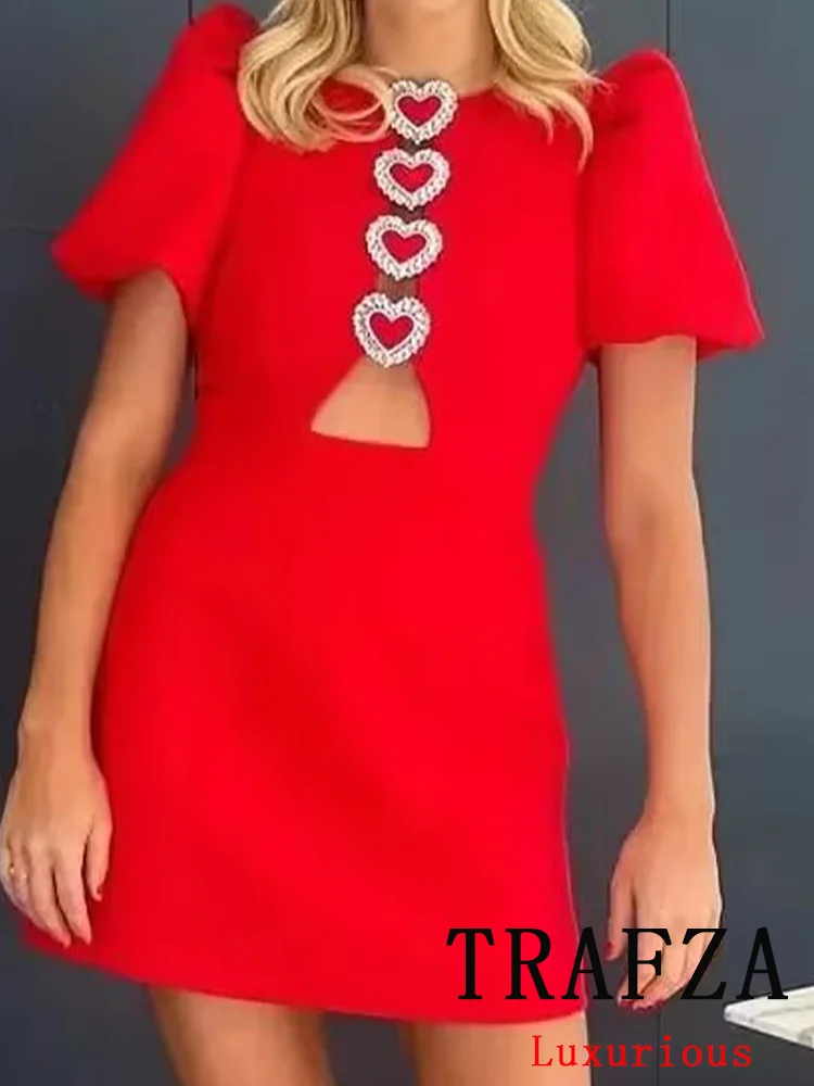 

TRAFZA Vintage Casual Chic Women Dress Solid Zippers O-Neck Short Sleeve Mini Vestidos New Fashion 2024 Spring Summer Dress