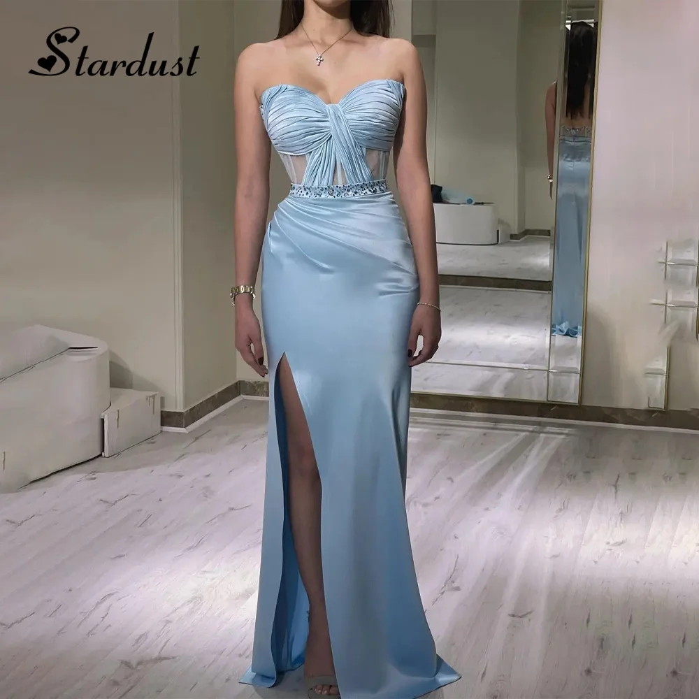 

Stardust Fancy Straight Evening Dress V-Neck Strapless High Slit Tulle Pleat Corset Saudi Arabric Vestido gala Mujer Customized