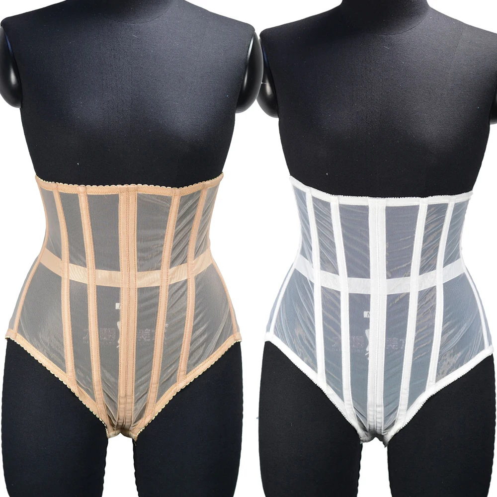 Women's Abdomen Corset Transparent Panties Crops Tummy Shapewear Belly Control Waist Trainer With Steel Bones Mesh Body Shaper