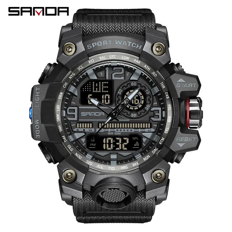 SANDA 3133 Men Electronic Watch Trendy Fashion Sport Waterproof Date Pointer Digital Analog Dual Display Wrist Watch for Student