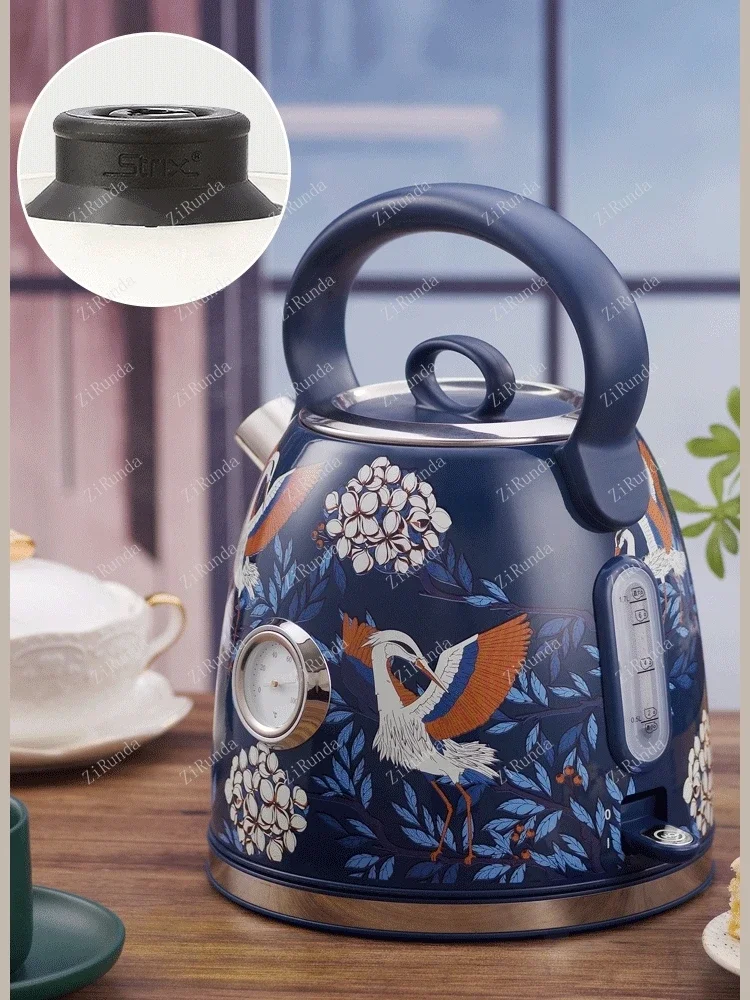 #T 1.7l Large Capacity 304 Stainless Steel Vintage Crane Printing Electric Kettle Boiling Water Blue 4