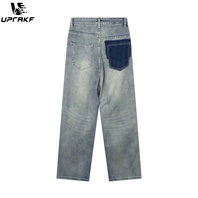 UPRAKF Retro Versatile Distressed Jeans Patch Contrast Straight American Pants High Quality Fashion Pantalones
