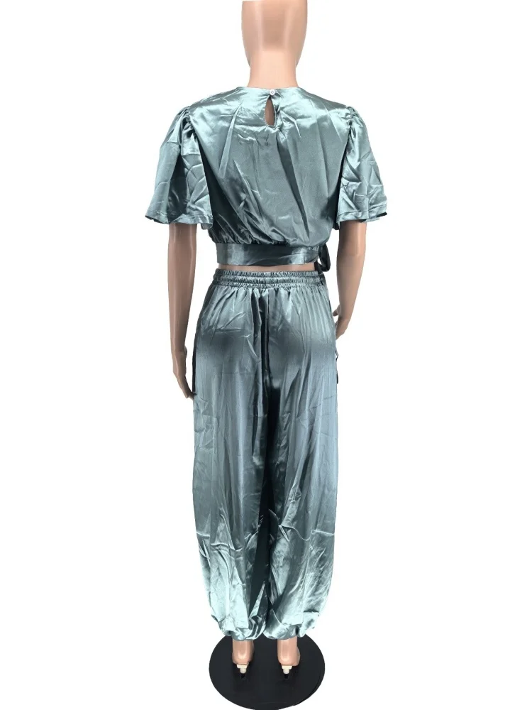 Wmstar Two Piece Outfits  Women Wholesale Solid Casual Top and Bandage Pants Sets Wide Leg Elegant Matching Suit New in Summer