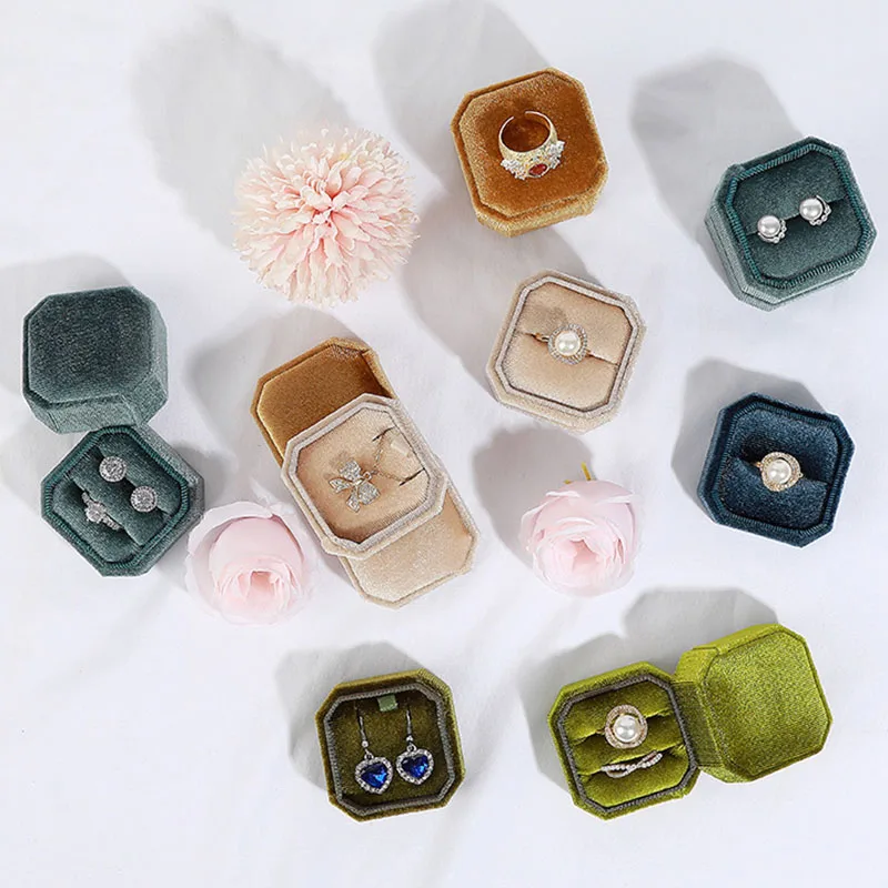 

Vintage Octagon Velvet Jewelry Box Single/Double Slot Wedding Ring Boxes With Detachable Lid Earring Jewelry Storage Display Box