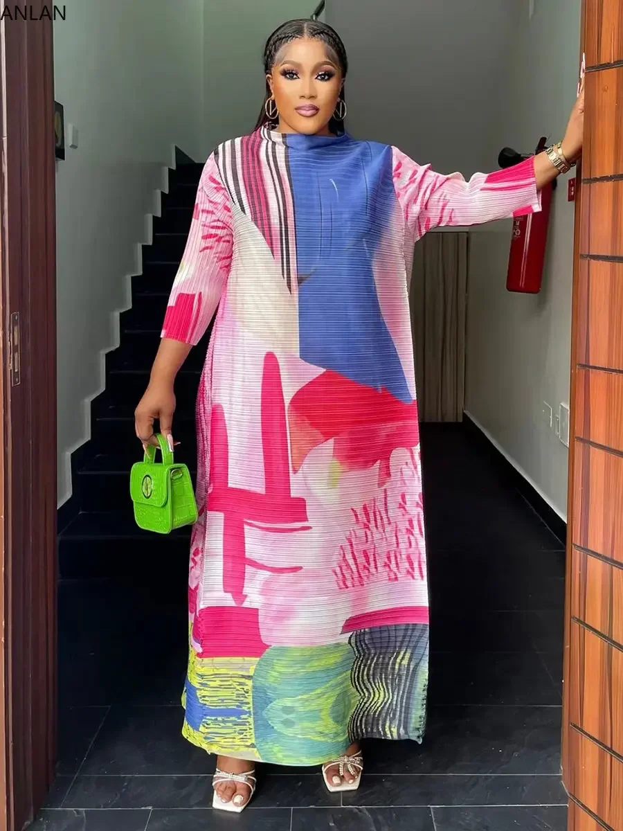 

ANLAN Miyake Pleated Maxi Dress Oil Painting Printed Design European American Fashion Loose Dresses for Women 2024 New 9YK5103