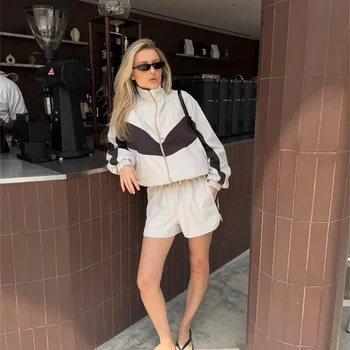 Women Long Sleeve Zipper Jacket+Patchwork Hip-Hop Sports Pant Suit Spring Autumn Street Jumper Two Piece Short Set
