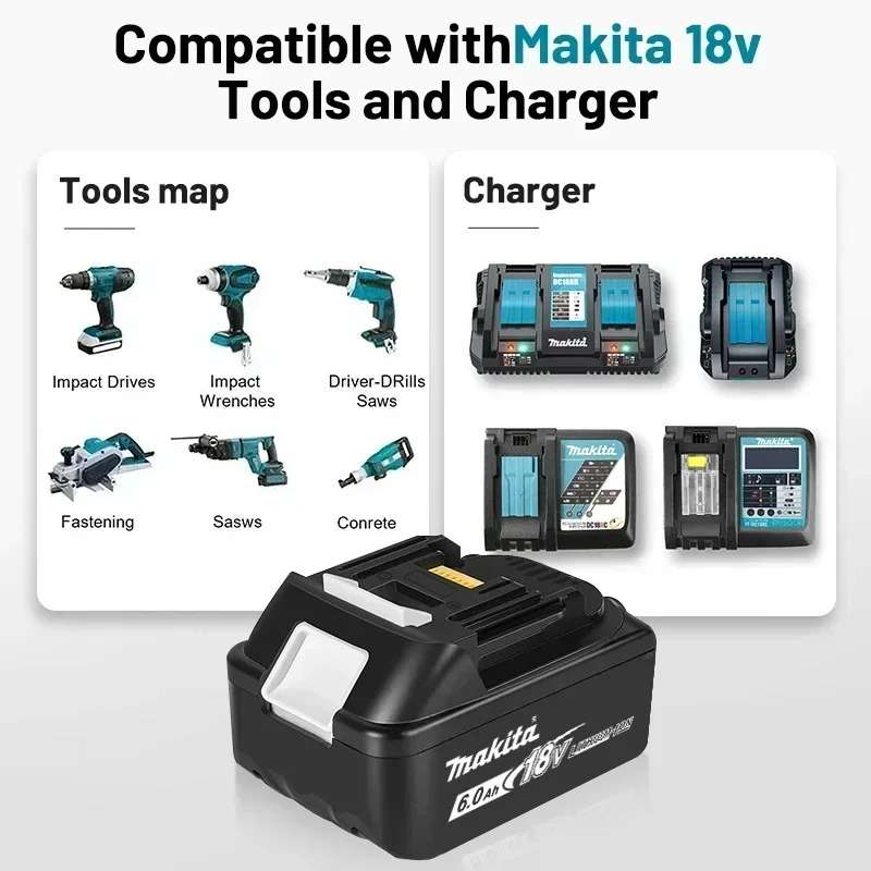 Makita 18-V-Akku, 6000 mAh, wiederaufladbarer Akku für Elektrowerkzeuge, mit LED-Lithium-Ionen-Ersatz-LXT BL1860B BL1860 BL1850 3A-Ladegerät – Detail 9