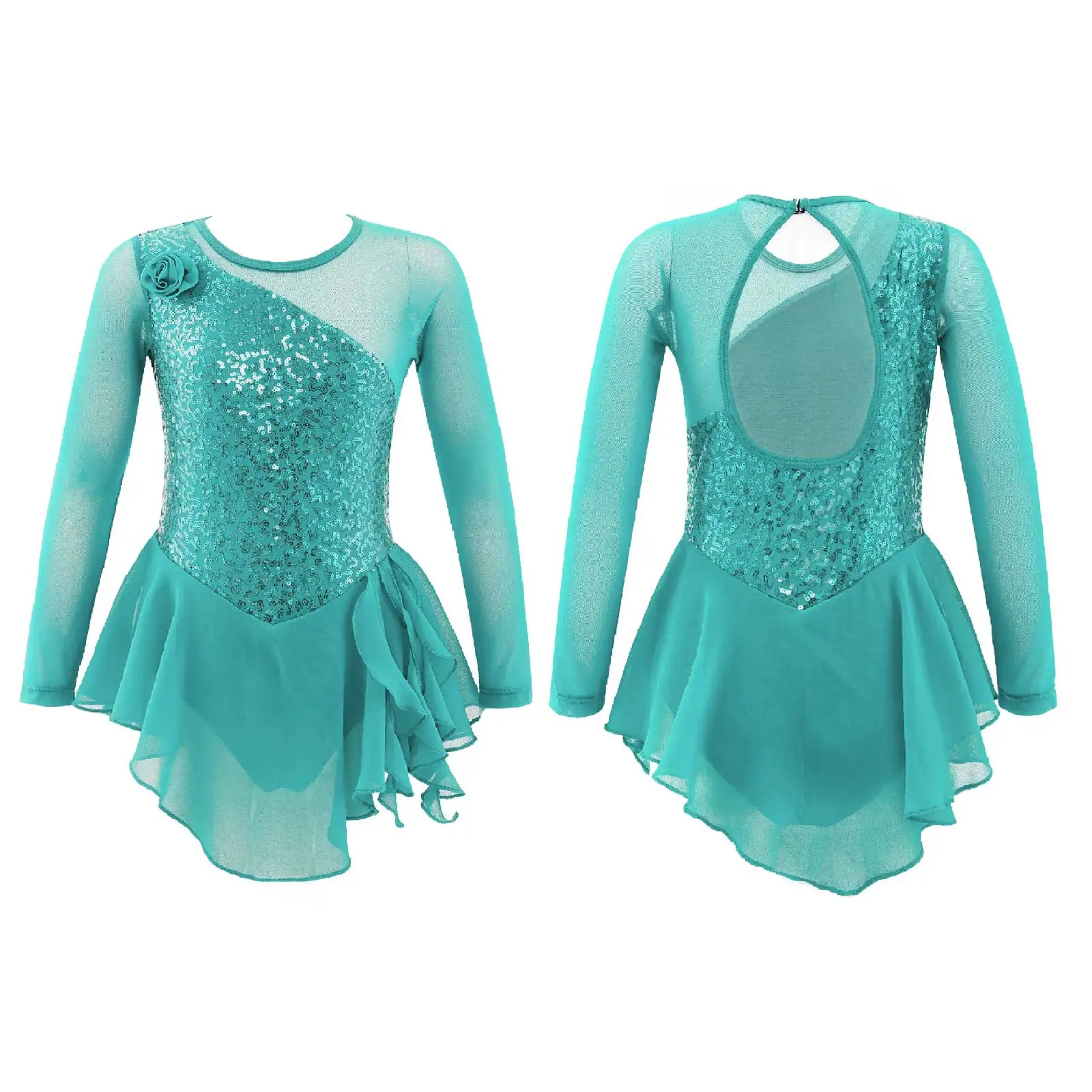 Kinder Mädchen Pailletten Gymnastic Eiskunstlauf Kleid Sheer Mesh Lange Ärmel Tüll Rock Trikots Kleid Leistung Kostüme – Detail 9