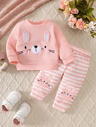 Adorable Rabbit Embroidered Waffle Sweatshirt & Striped Jogger Two - Piece Set - 12 - 18m (Pink)
