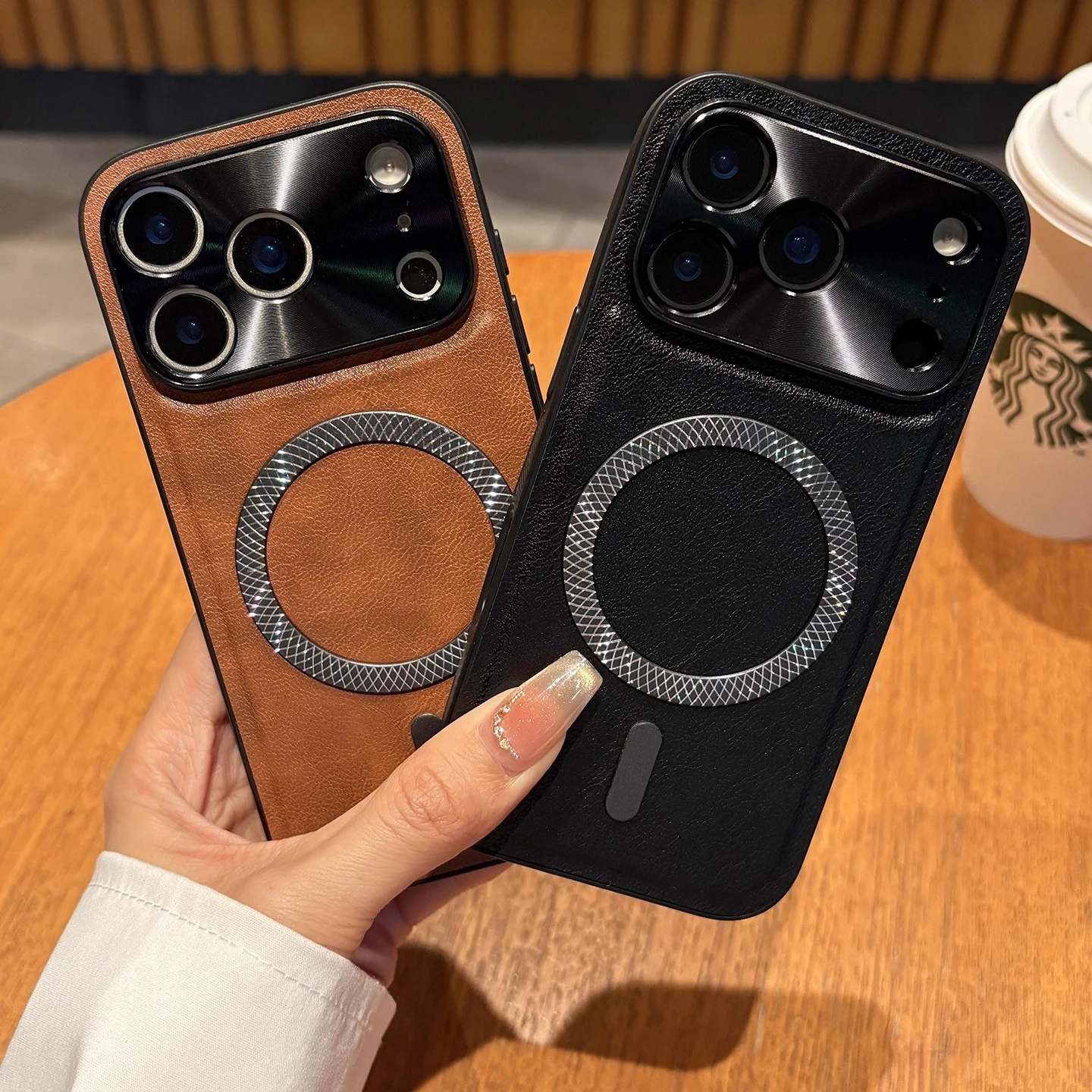 Magnetic Leather Shockproof Case with Metal Camera Shell and Mag-safe Compatibility