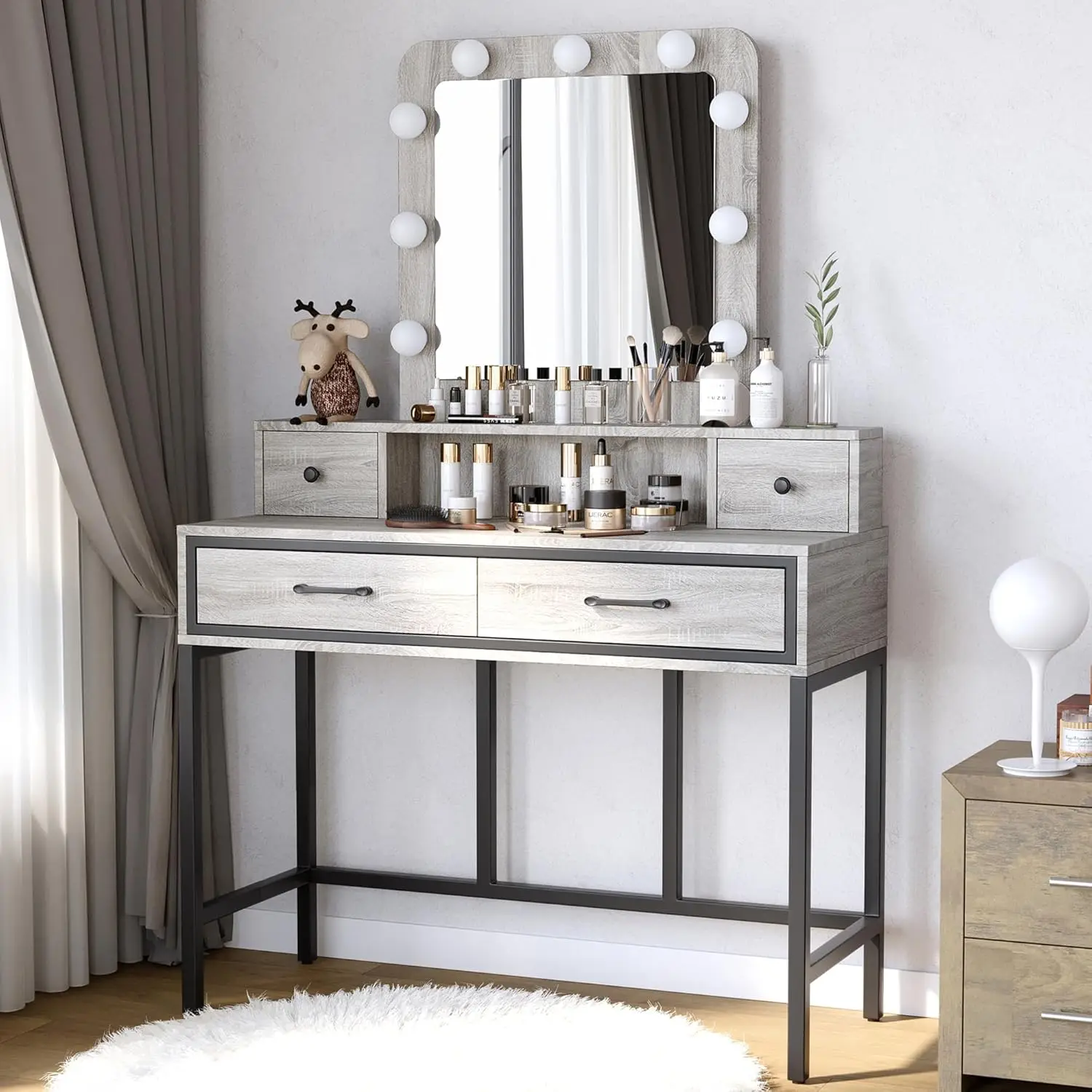 RoyalCraft Vanity with Lights, Makeup Vanity Desk with 3 Color Dimmable Lighted Mirror, Grey 4 Drawers