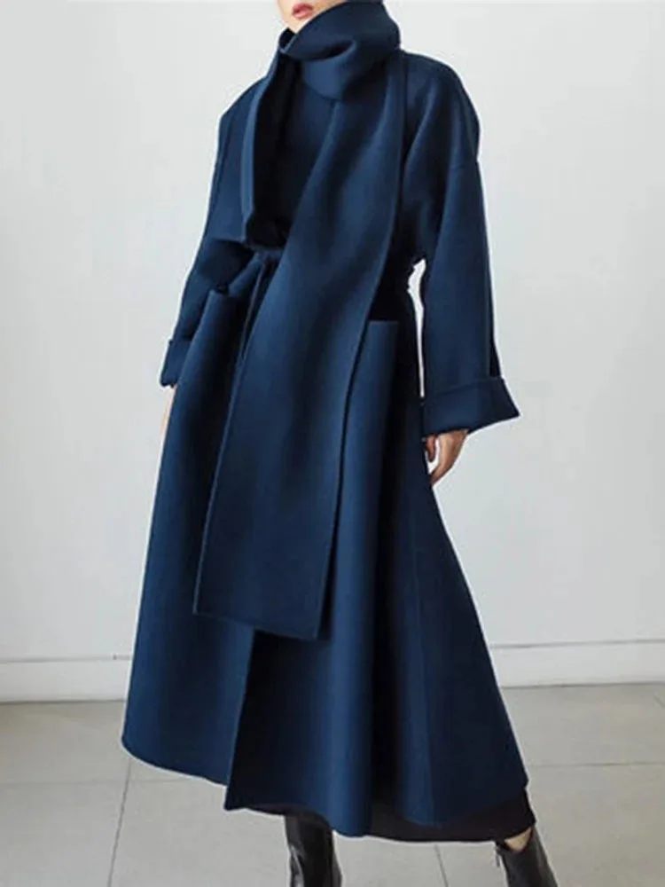

NICEWOMEN Fashion Solid Lace-up Design Woolen Coats Women's Long Coat Scarf Belt Gathered Waist Female Outwear 2023 Winter New