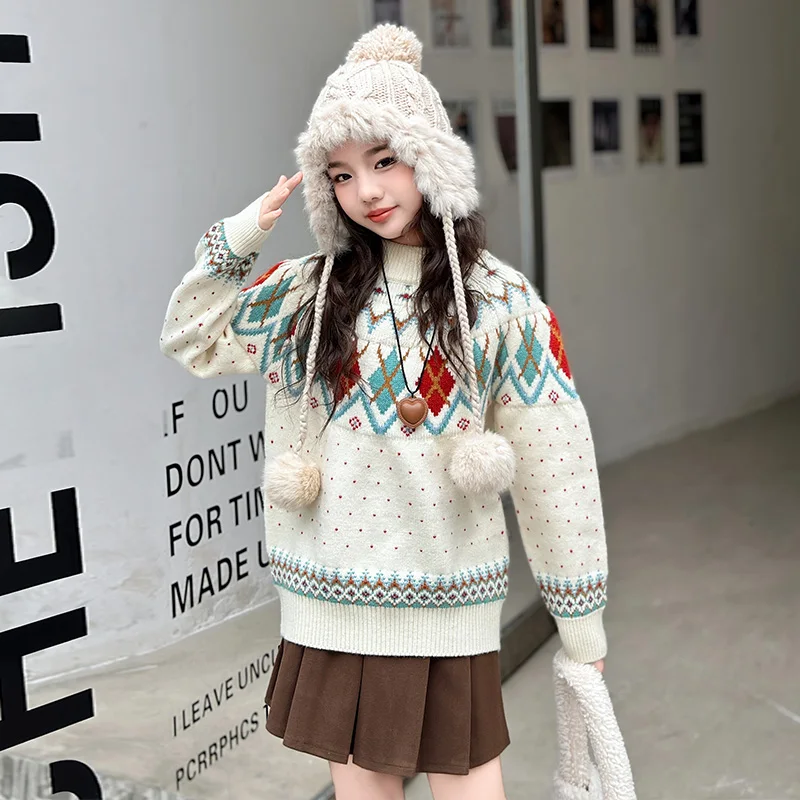새로운 패션 어린이 기하학 패턴 크리스마스 스웨터 티윈 소녀를위한 새해 니트웨어 어린이 우아한 크리스마스 스웨터 5-14 Y