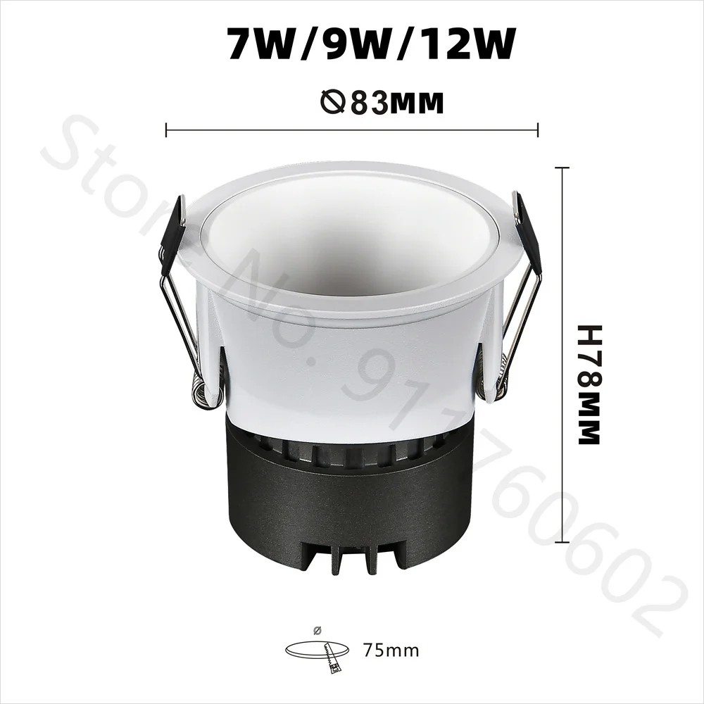 매입형 LED COB 스포트라이트 12W 조광 가능 110V 220V 눈부심 방지 통 7W 9W 24 ° 2700K 3000K 4000K 5000K 원형 천장 조명