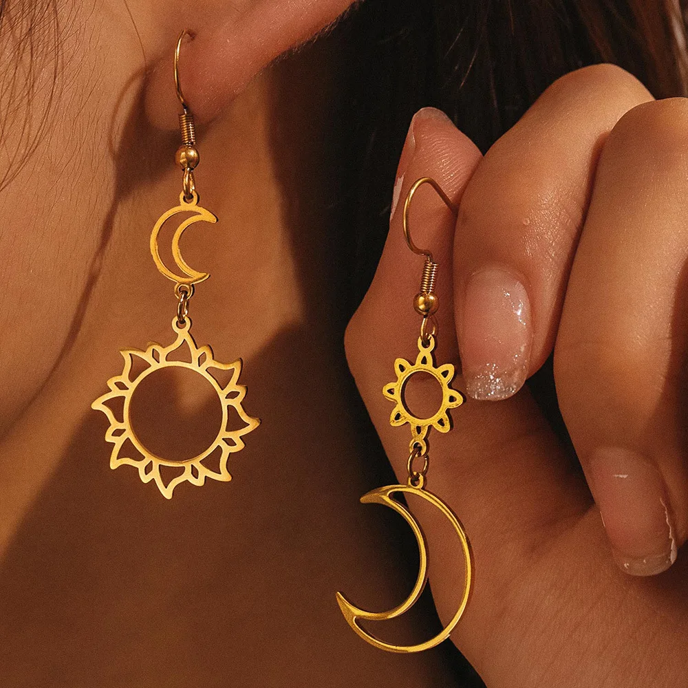 Dangle Earrings Long Earrings Bohemian Stainless Steel Long Dangle Earrings for Women Korean Fashion Jewelry Gold Silver Plated Sun & Moon