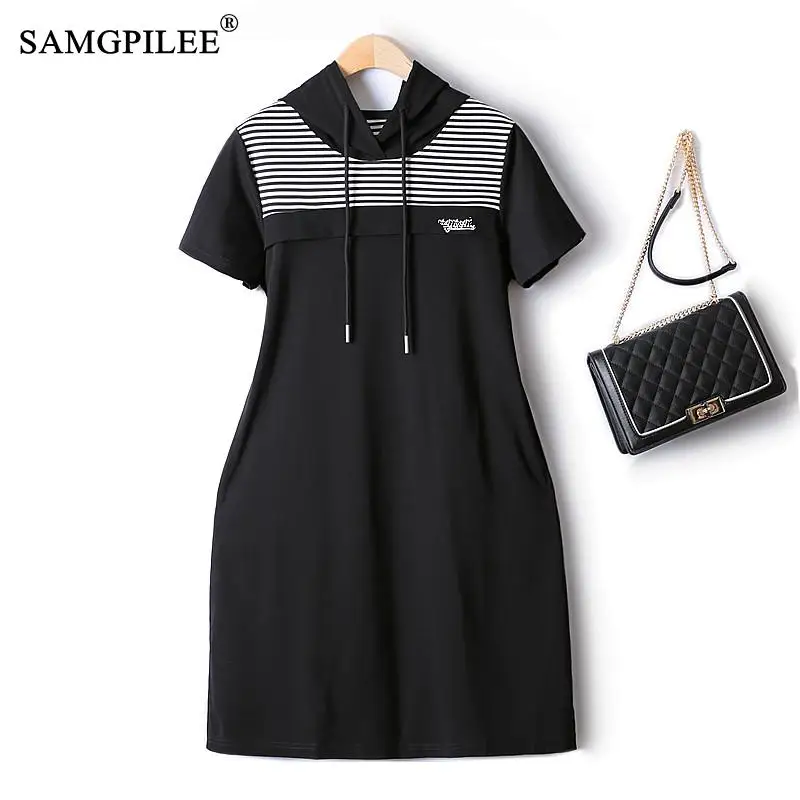 

Casual Dress 2022 New Summer Korean Fashion Hooded Striped Patchwork Embroidered Comfortable Slim Elegant Dresses For Women 4XL