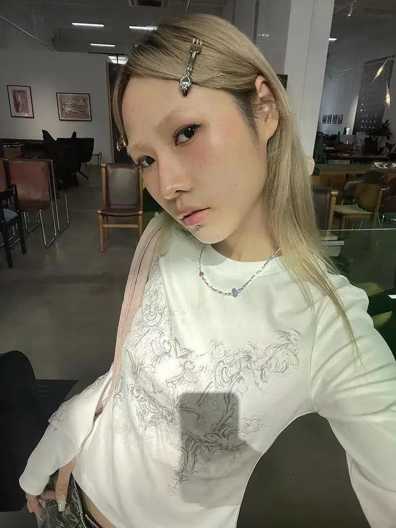 Description Picture 3 of itemVintage Women Clothes Y2K T-shirts 2024 Blusas O-neck Long Sleeve Print Tunic Woman Clothing Fashion Casual Crop Tops Shirts