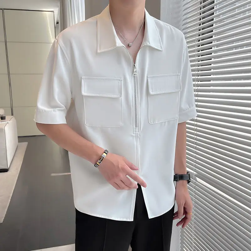 Luxury Men Half Zipper Shirts Short Sleeve Summer White Shirt Thin T-shirt Big Size Tops Loose Pocket Tees Designer Clothes Men