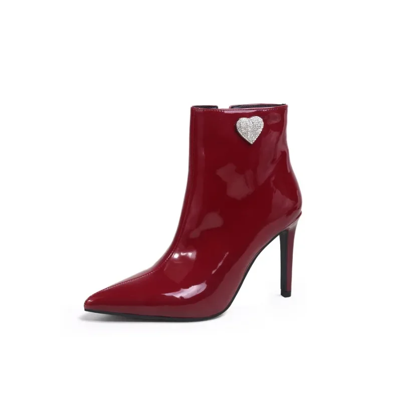 

European and American Genuine Leather Rhinestone Fashion Side Zipper Short Boots 2023 Slim High Heeled Women's Wedding Boots