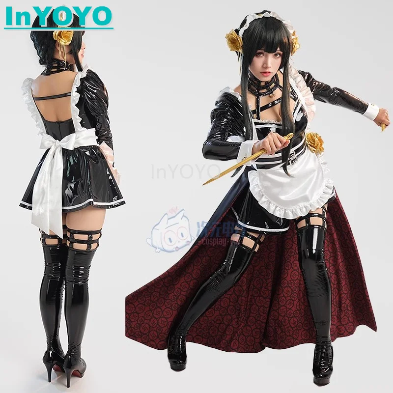 

InYOYO Yor Forger Cosplay Anime SPY×FAMILY Costume Maid Dress Uniform Lovely PU Leather Role Play Halloween Party Women Outfit