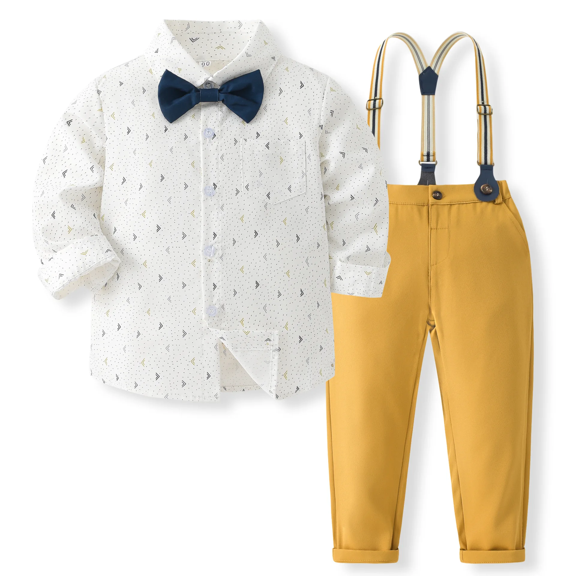 

Spring Baby Boy Luxury Clothes Fashion Print Cotton Gentleman Long Sleeve Tops+Pants+Straps+Tie Boutique Kid Clothing Set BC2440