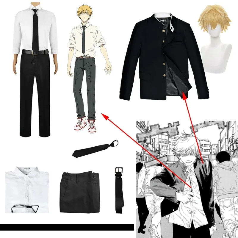 

Anime Chainsaw Man Denji Cosplay Costume Wig Devil Hunter Uniform Uniform Shirt Tie Pants Coat Suit Halloween Party for Men